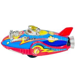 PlayGo Tinplate Masudaya Thunder Racer Robot Rocket Tin Toy Friction Space Ship
